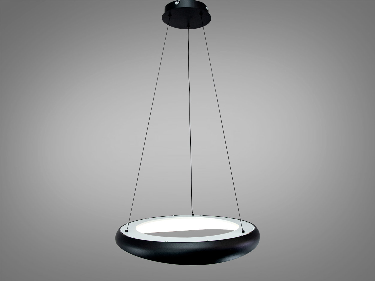 Підвісний світильник з відкритим дизайном, круглий корпус, чорний зовні. Підходить для індустріальних інтер′єрів.