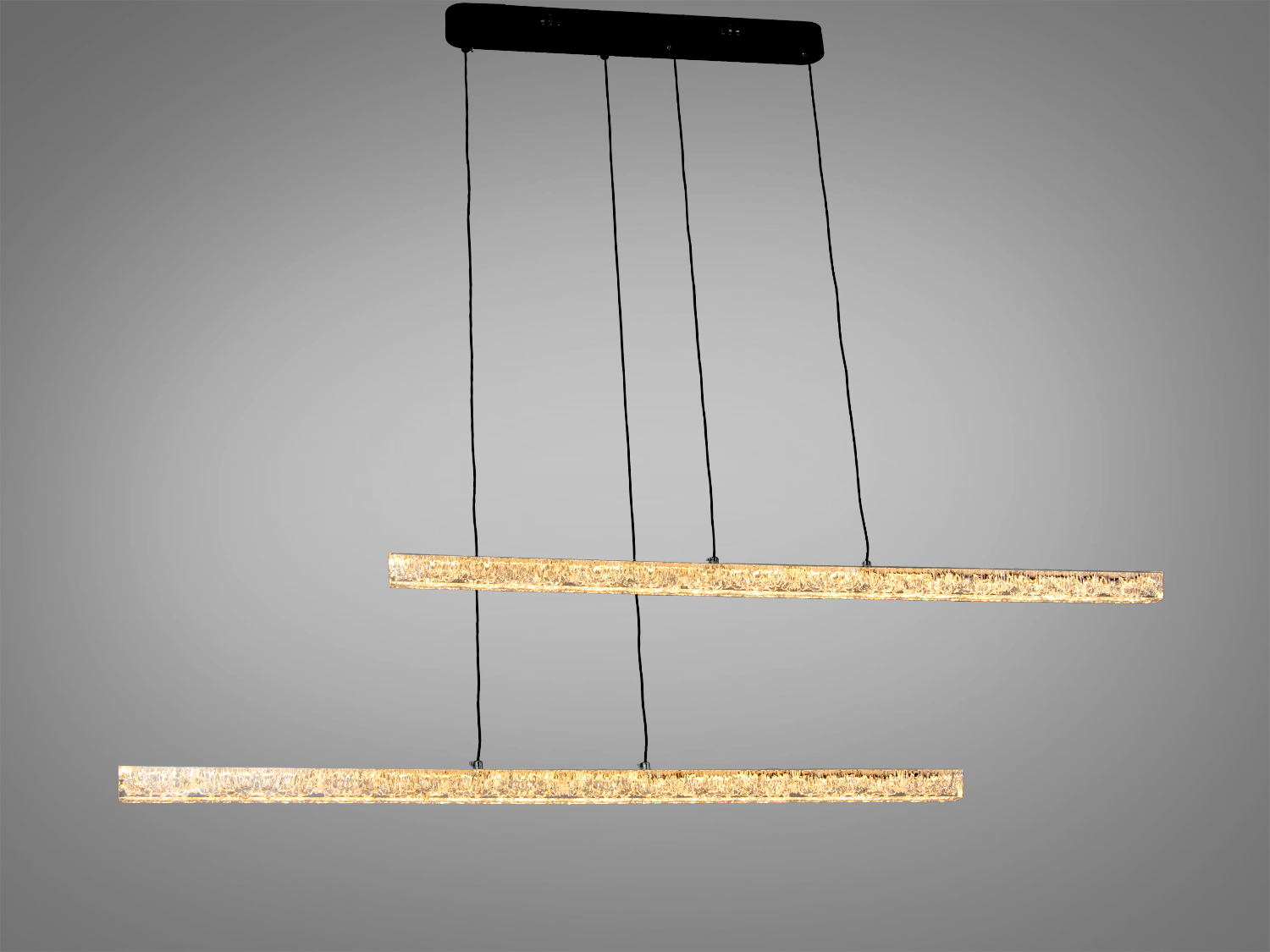 Підвісний світильник з теплим жовтим світлом, дві лінійні лампи, прозорий матеріал, чорна монтажна пластина, ідеальний для вітальні.