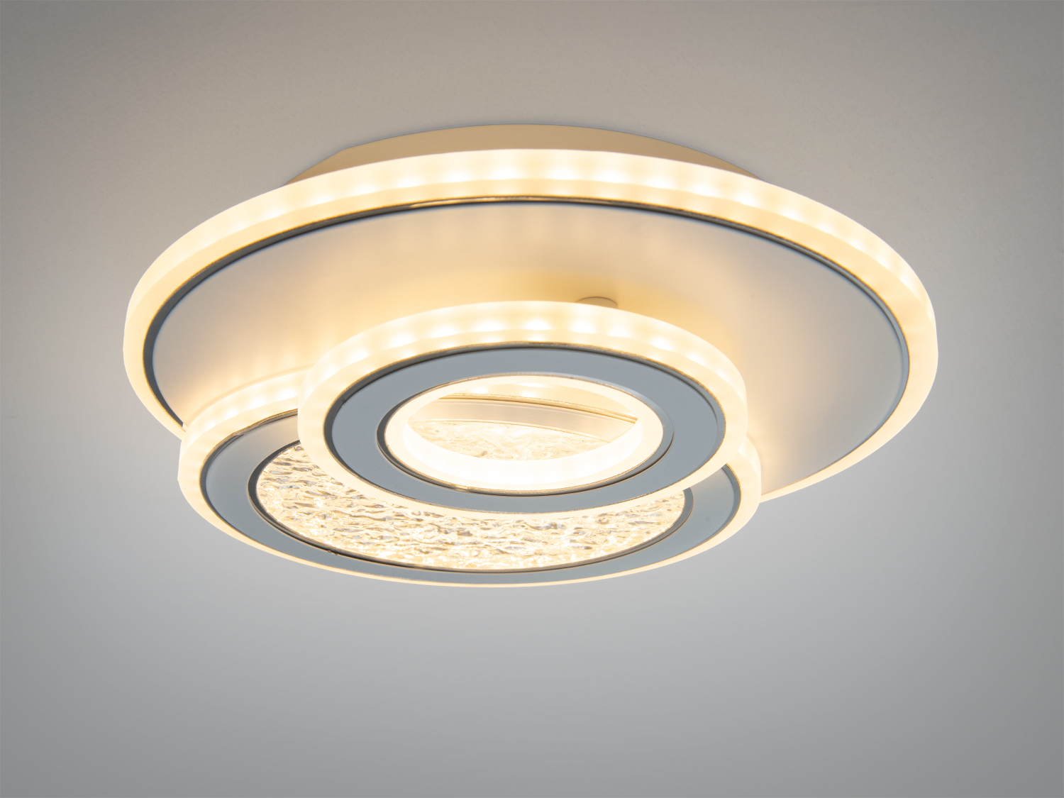 Світильник з теплим білим світлом, дві круглі панелі, підходить для затишних просторів.