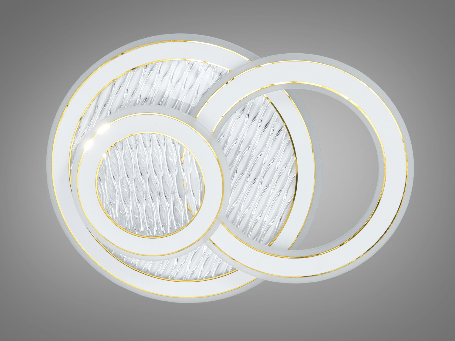 Стельовий світильник з двома переплетеними кільцями, оздобленими золотими акцентами. Прозорий матеріал створює ефект хвиль.