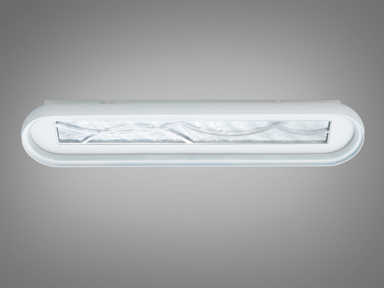 Білий овальний світильник з прозорим декоративним елементом. Підходить для настінного монтажу.