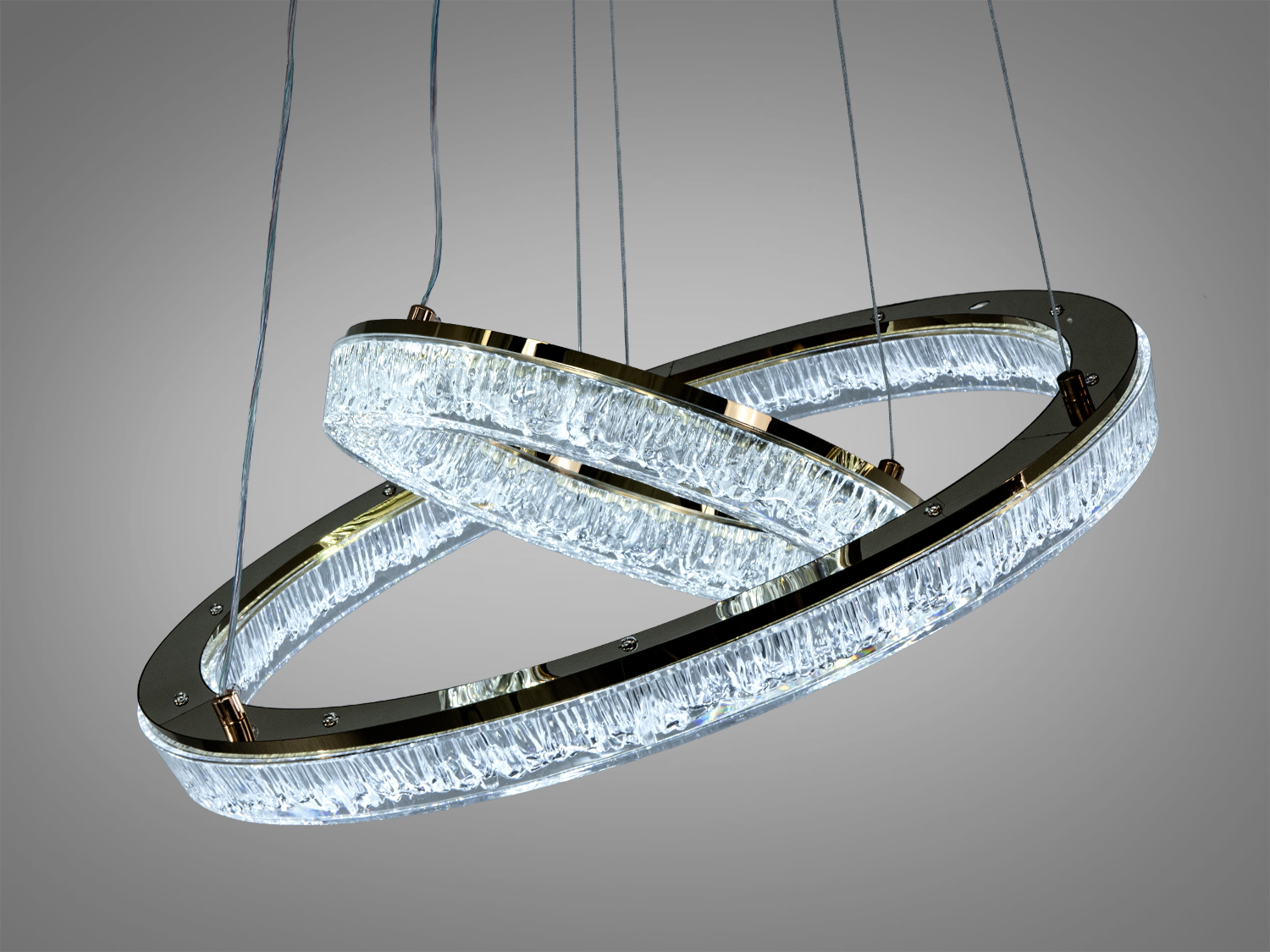 Підвісний світильник з двома акриловими кільцями, що перетинаються, з холодним світлом. Підходить для сучасних інтер′єрів, кріплення на стелі.