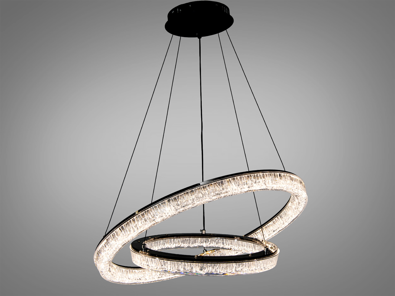 Люстра з двома акриловими кільцями, підвісна конструкція, ідеальна для високих стель.