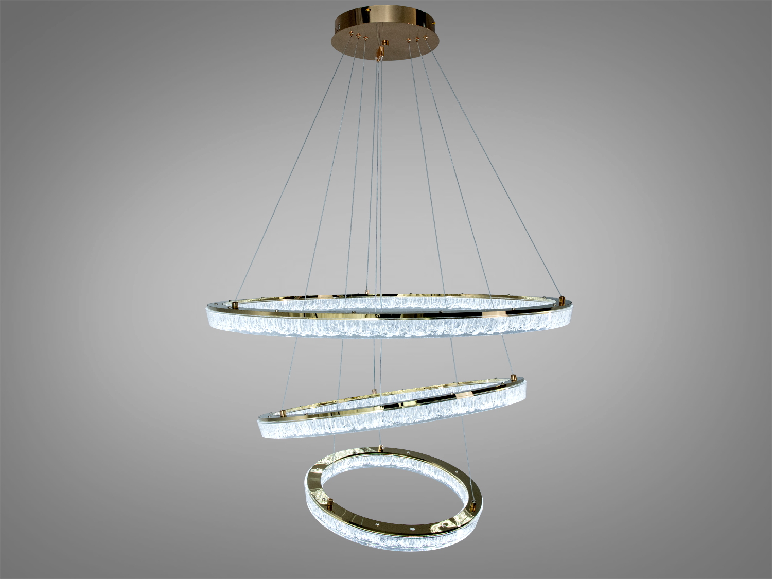 Підвісна кришталева LED-люстра 125 Вт у кольорі золото з трьома кільцями та пультом. Рівномірне освітлення до 21 м², сучасний дизайн і регульований підвіс.