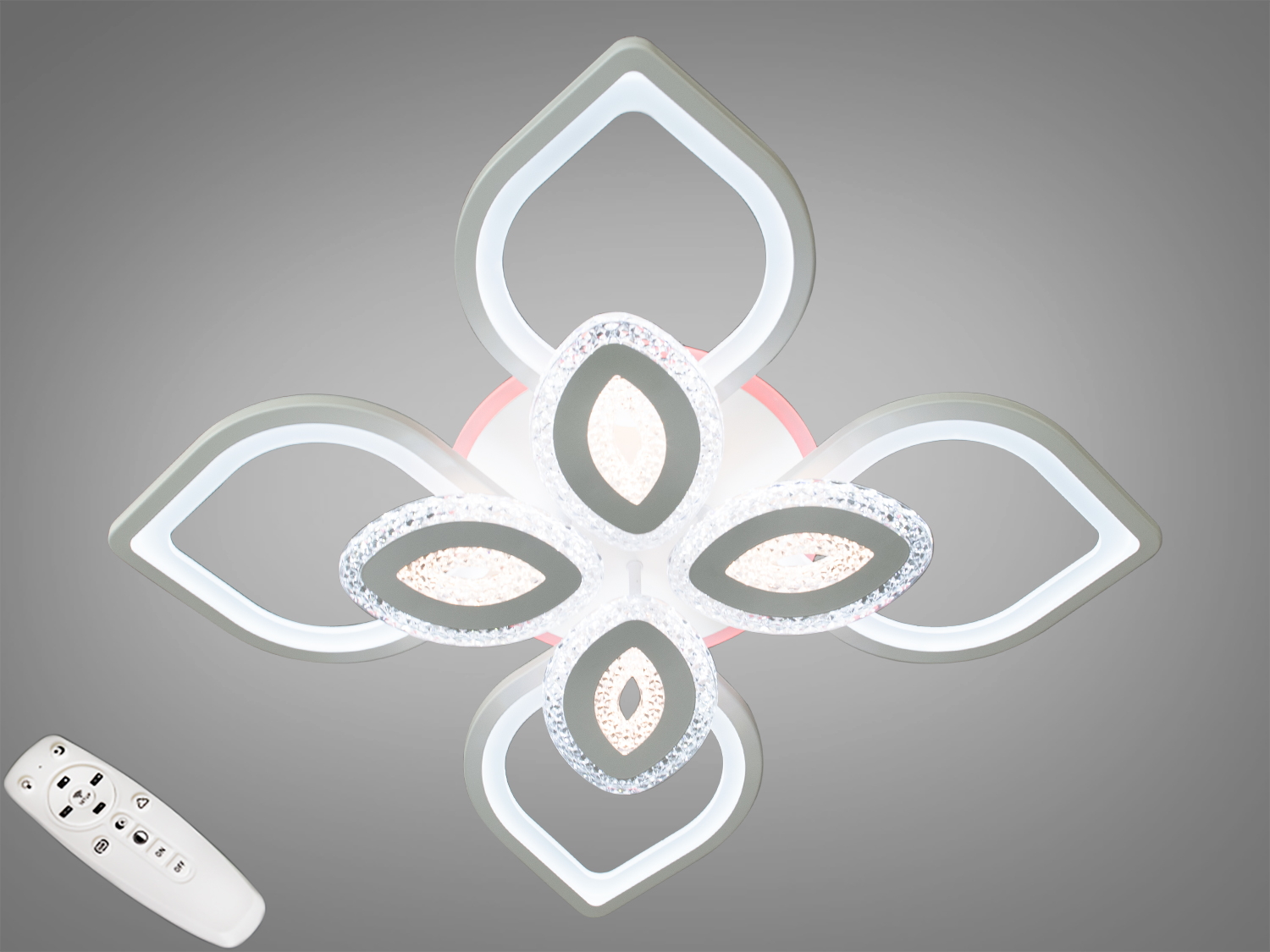 П
Перед Вами зовсім нове та незвичайне виконання плафонів, що обрамляють LED лампи. Така люстра легко підійде під будь-який інтер'єр &ndash; класичний, сучасний і навіть у стилі &laquo;хай-тек&raquo;.
У комплекті з люстрою йде найсучасніший тип пульта з електронним диммером та регулятором кольору. З пульта можна включити один із встановлених режимів освітлення - тепле світло, холодне світло, нейтральне; включити синю підсвічування або режим 