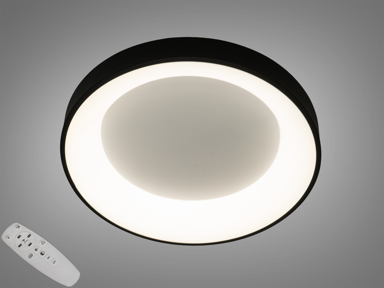 Світлодіодна стельова лампа 2166 в чорному корпусі з пультом та регулюванням яскравості, ідеальна для сучасних інтер′єрів.