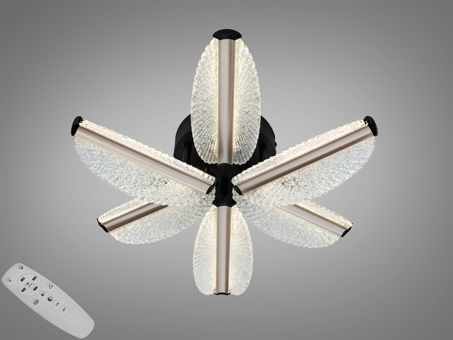 Стельова LED люстра 54 Вт у чорному кольорі з пультом, димуванням і регулюванням тону світла. Чотири гексагональні модулі для площі до близько 10 м².