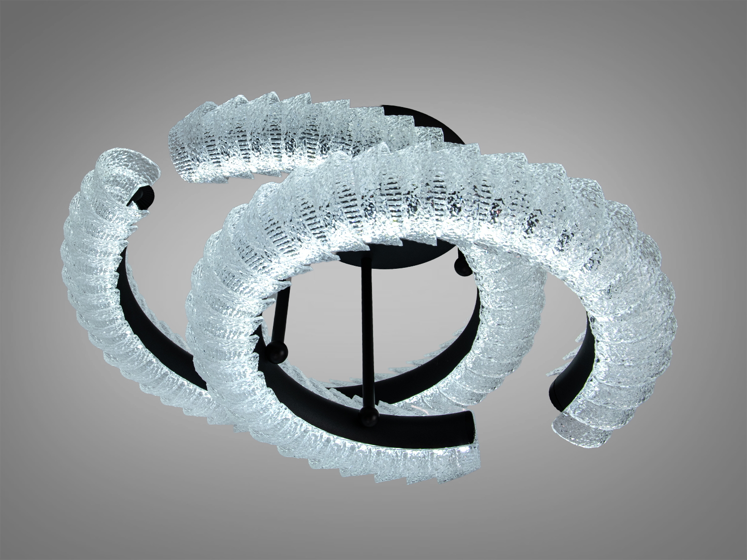 Дизайнерська стельова лампа з прозорими вигнутими акриловими елементами, підходить для монтажу в сучасних приміщеннях.