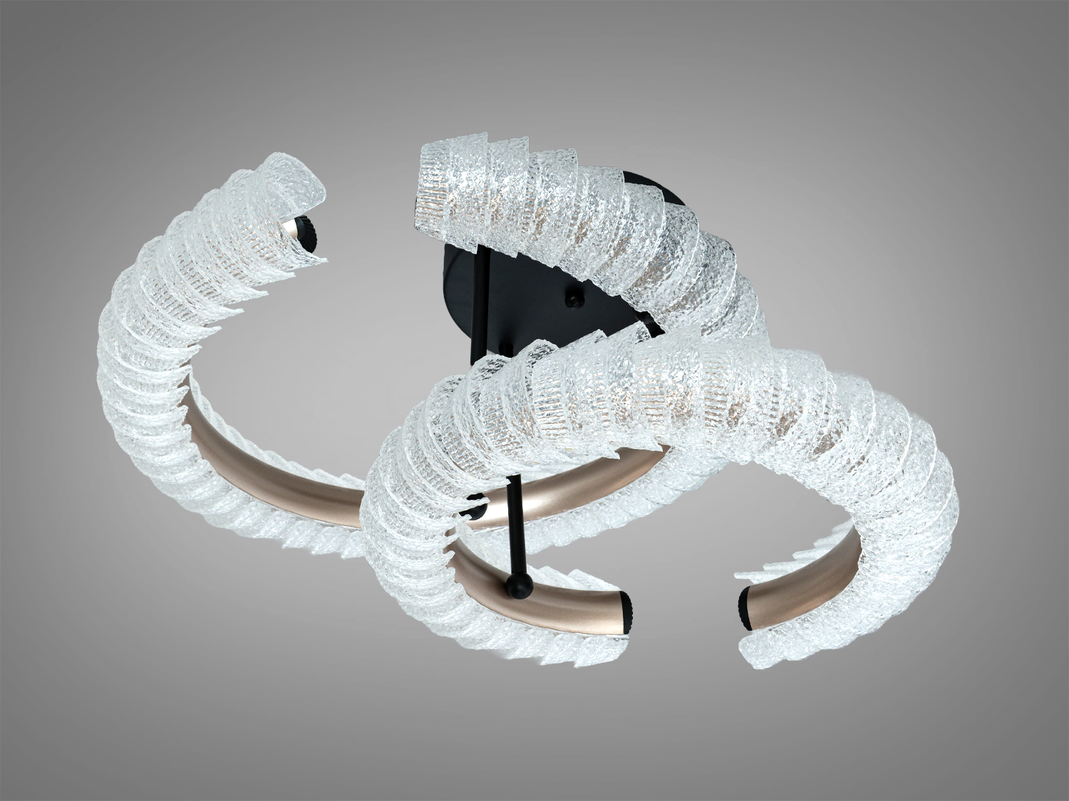 Декоративний світильник з двома акриловими напівкільцями, прозорий текстурований акрил, підходить для стильного освітлення приміщень.