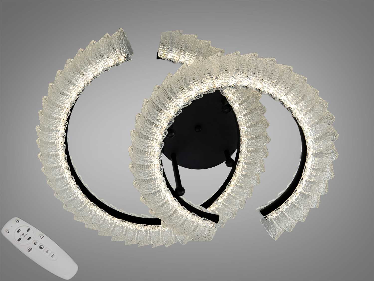 Стельова LED-люстра 80 Вт у чорному кольорі. Два півкільця з акрилу, 3 режими 3200/4100/6500К, освітлення до 14 м², низький профіль, керування пультом і вимикачем.