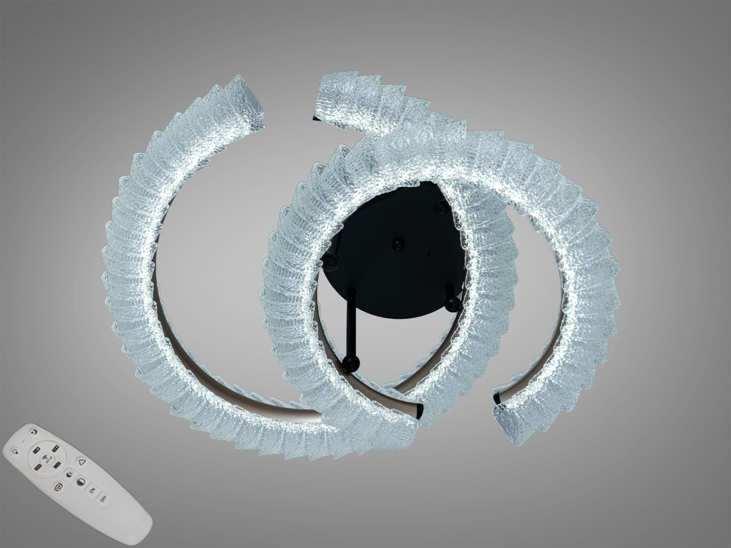 Стельова LED люстра 80W у кольорі шампань з пультом. Два акрилові напівкільця, 3 режими 3200/4100/6500К, для освітлення до 14 м². Металевий каркас, акриловий розсіювач.