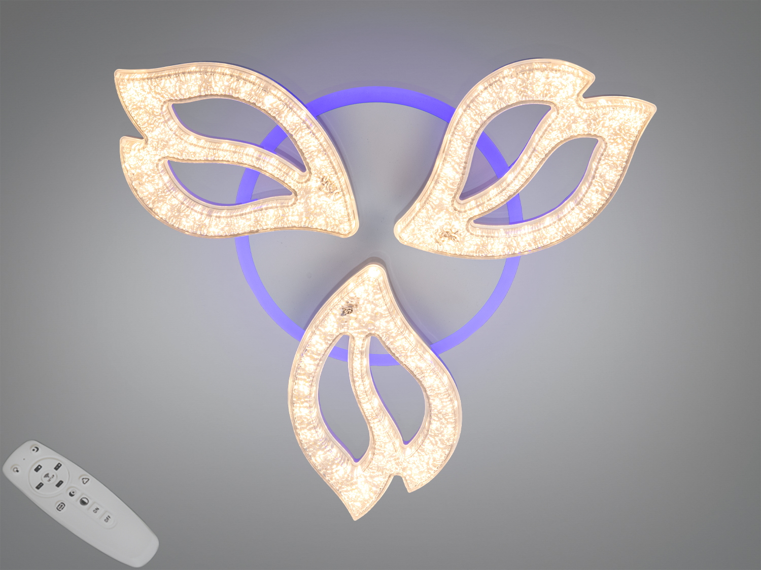 Стельова LED люстра, біла, 55 Вт, пульт і димер. 4 акрилові модулі, підсвітка, 3 температури 3200/4100/6500К. Для кімнат до ~10 м², низький профіль, метал+акрил.