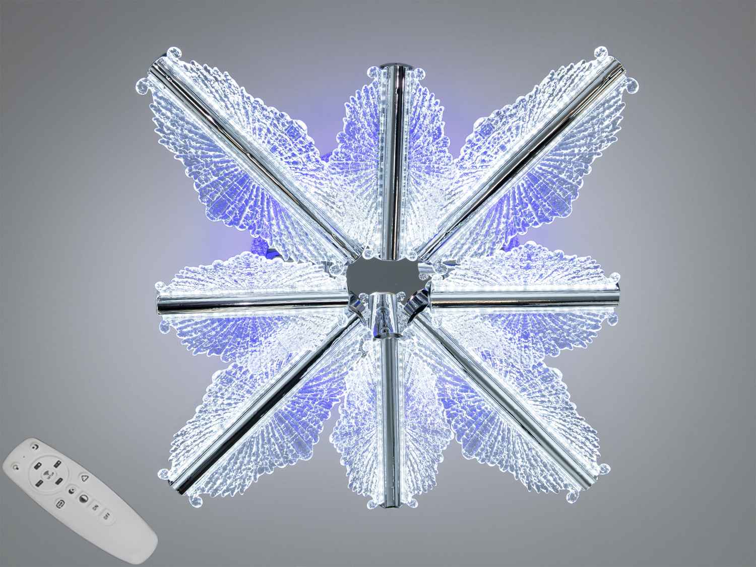 Стельова LED люстра 105 W у хромі з пультом і димером. 3 режими 3200/4100/6500K, 8 акрилових елементів, низький профіль. Підходить для кімнат до 18 м².