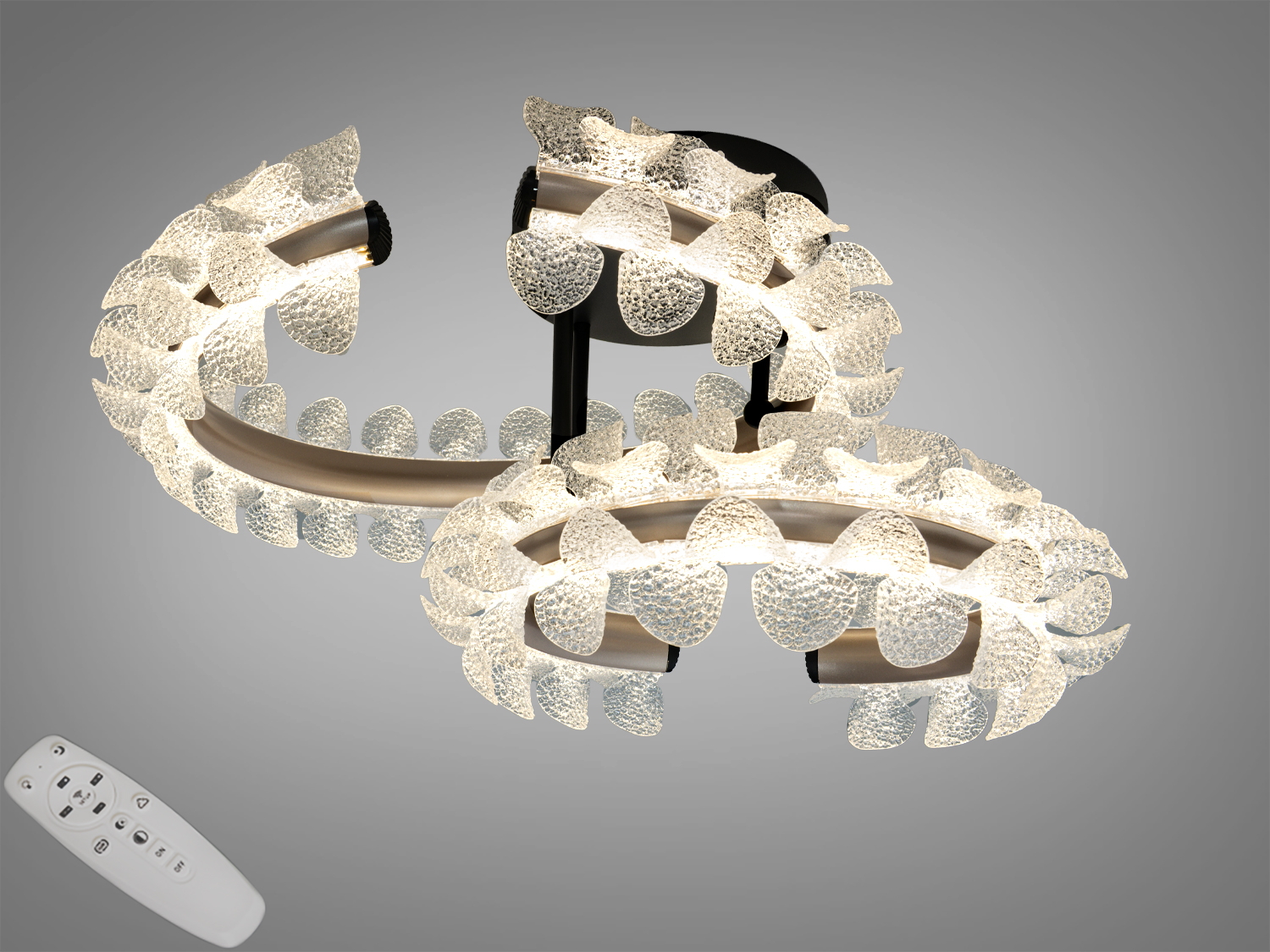 Стельова LED-люстра Diasha, 58 W, два овальні кільця, матовий хром. Пульт і димер для зручного налаштування яскравості. Підходить для кімнат до ≈10 м².