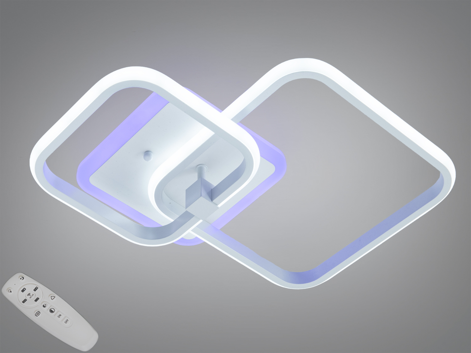 Світильник з двома квадратними рамками, білий корпус, дистанційне керування. Підходить для сучасного інтер′єру.