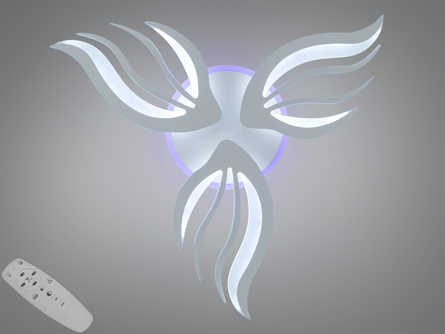 Стельова LED люстра 52Вт у білому кольорі з пультом і димером. 3 хвилясті модулі для рівномірного освітлення кімнат до 9 м² у сучасному стилі.