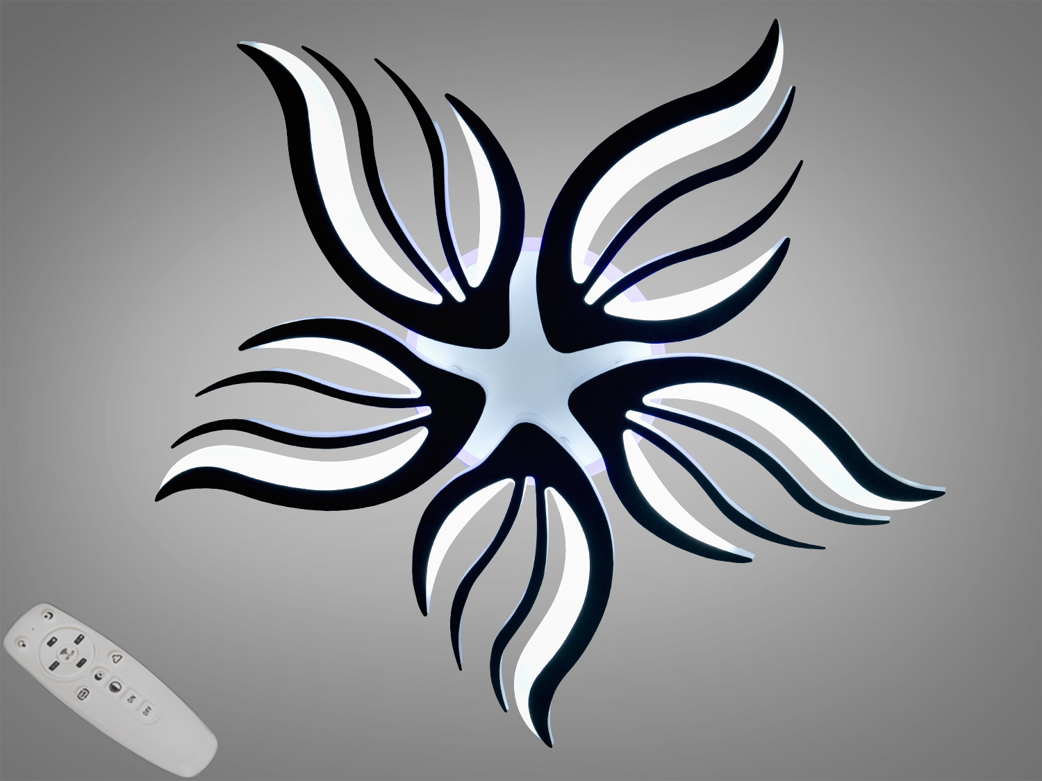 Стельова LED-люстра Diasha 72 Вт у чорному кольорі з пультом і димером. 5 модулів для рівномірного світла в кімнатах до 12 м²; монтаж упритул до стелі.