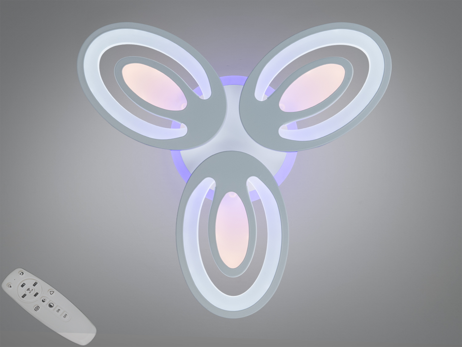 Світлодіодна люстра Diasha Trio Oval 60 Вт у білому кольорі: 3 модулі, пульт, димер і зміна температури світла, підсвітка основи (синій/червоний/рожевий) для кімнат до 10 м².