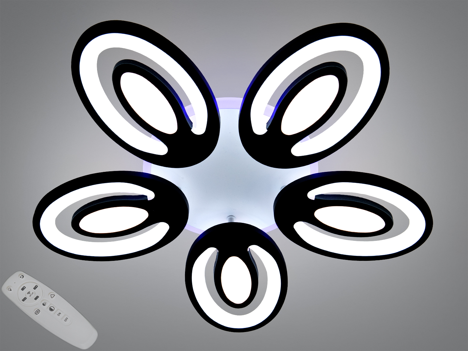 Стельова LED-люстра 95 Вт у чорному кольорі з пультом, димером і підсвіткою основи. 5 модулів для освітлення кімнат до ~16 м², сучасний дизайн.