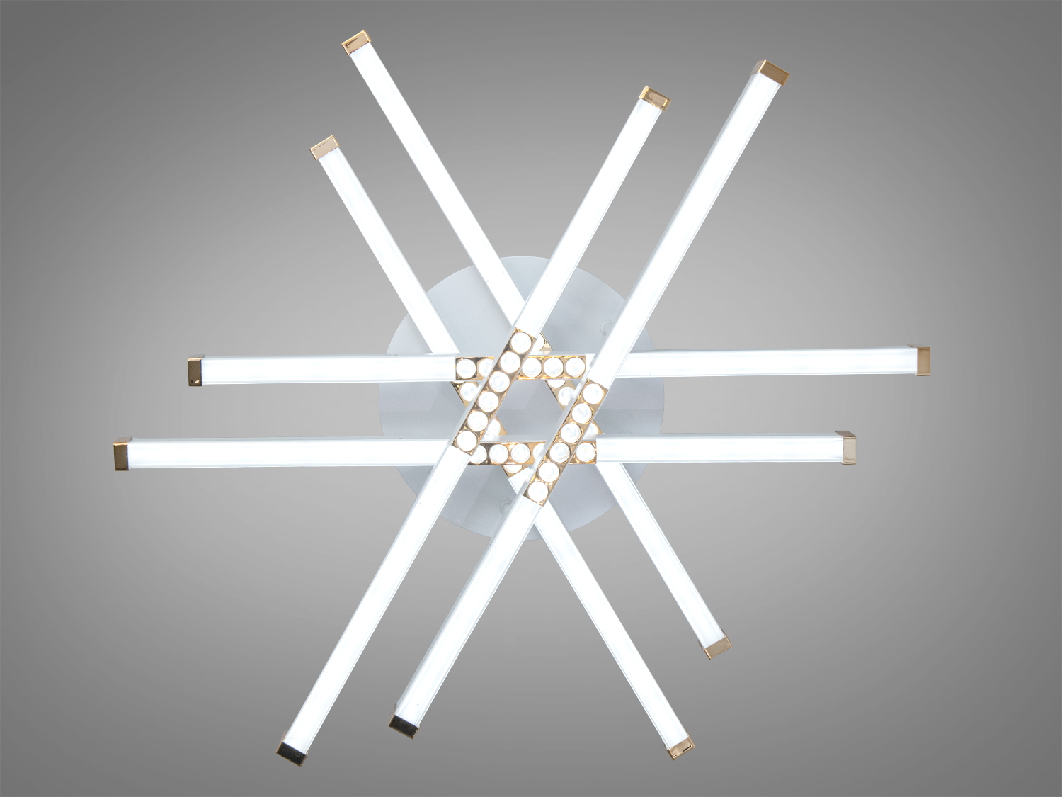 Стельовий світильник з LED лампами, розташованими у формі зірки, з акцентом на сучасний дизайн.