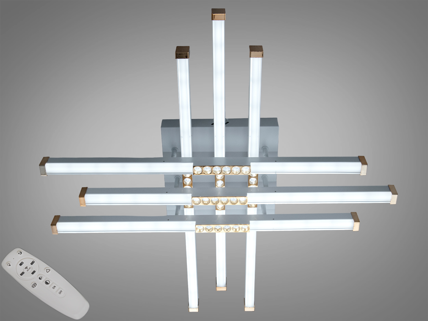 Світильник з шістьма горизонтальними LED-смугами, оснащений дистанційним керуванням. Підходить для сучасних інтер′єрів.