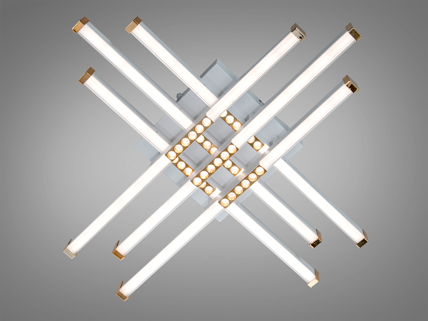Світильник з перехресними LED-смугами, центральна частина прикрашена декоративними елементами. Ідеальний для вітальні.