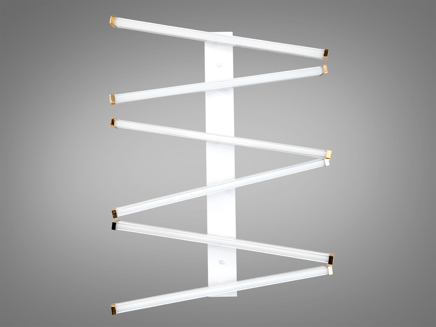 Вертикальний світильник з зигзагоподібними світлодіодними панелями, золоті акценти, ідеальний для сучасних офісів.