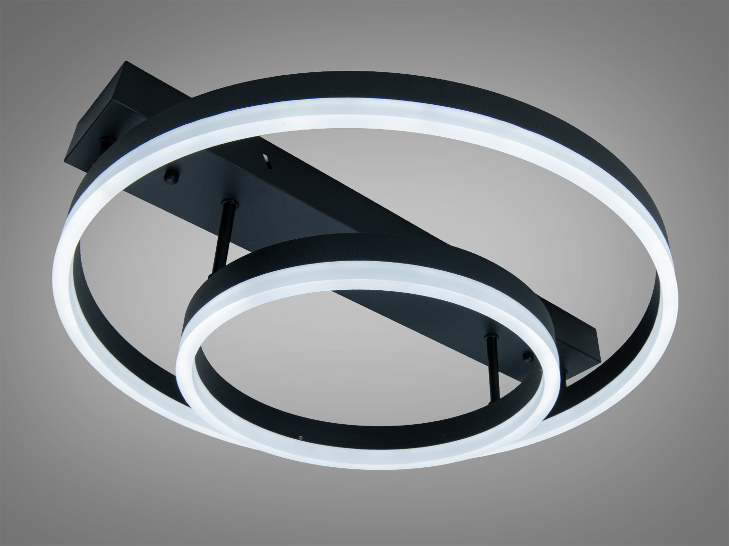 Стельовий світильник з двома кільцями, чорний метал, холодне світло. Підходить для офісних приміщень з мінімалістичним дизайном.