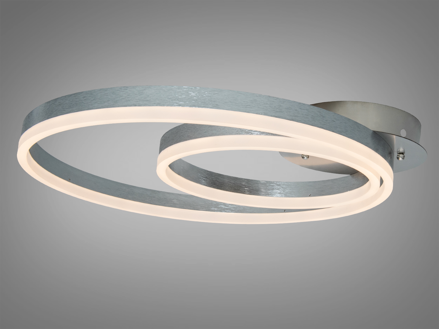 LED світильник з двома овальними кільцями, що випромінюють тепле світло. Металевий корпус, ідеальний для вітальні або спальні.