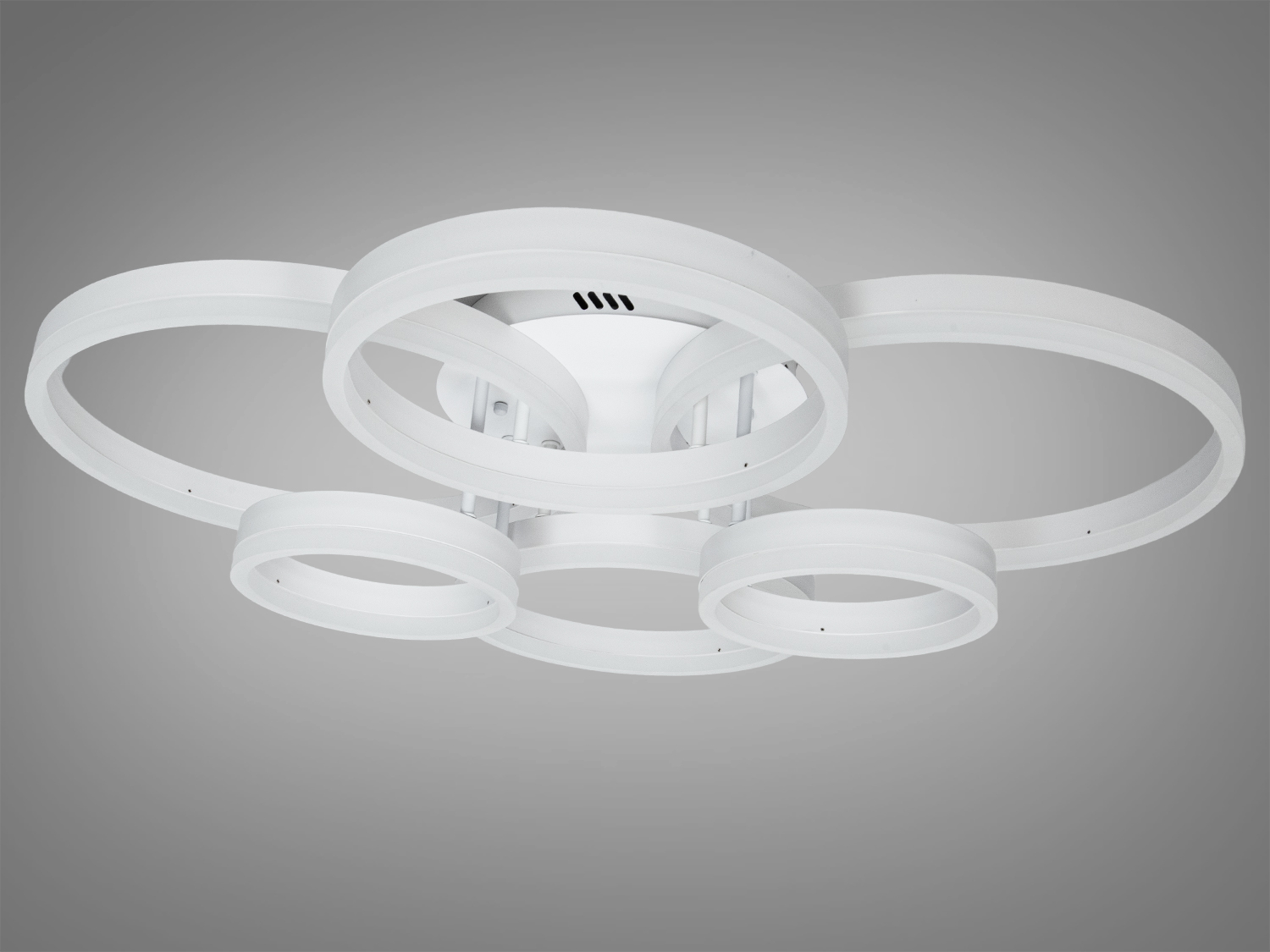 Світильник з п′яти LED-кілець, вигляд збоку, демонструє мінімалістичний дизайн для стельового монтажу.