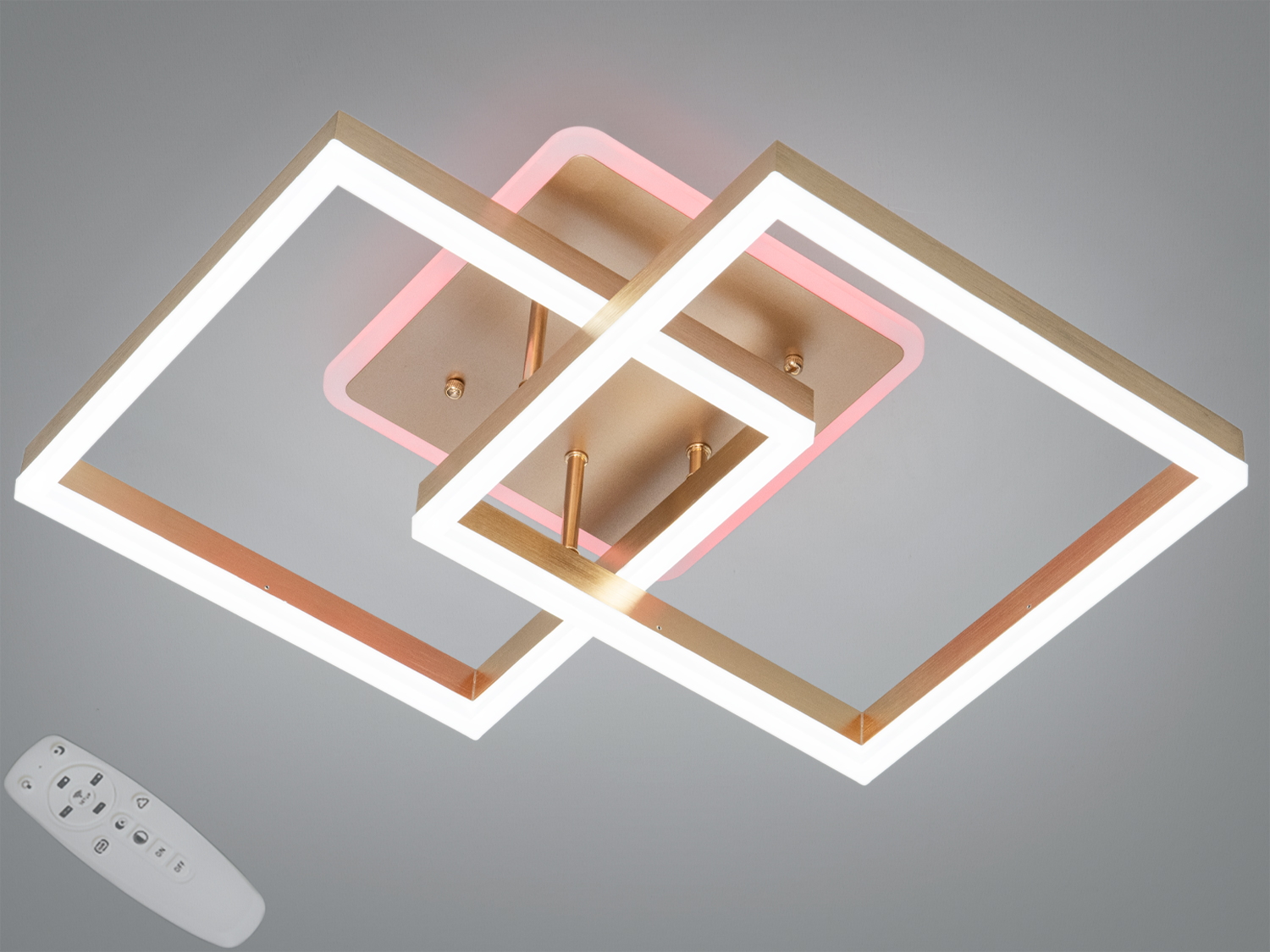 Стельова LED люстра Diasha 64 Вт у золоті з пультом і змінною підсвіткою (білий/синій/рожевий). Підійде для 12–18 м², сучасний геометричний дизайн.