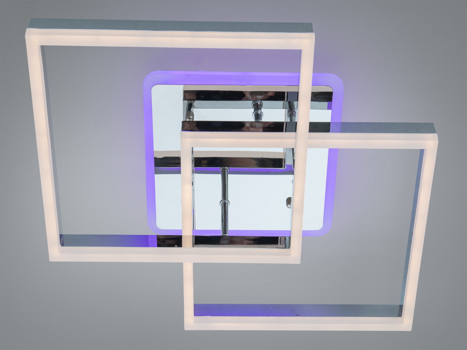 Стельовий світильник з двома квадратними рамками, що надає фіолетове підсвічування. Виготовлений з металу, ідеальний для мінімалістичних просторів.