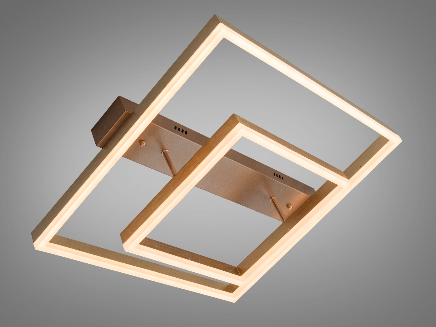 Стельовий світильник з теплим світлом, квадратна форма, металевий корпус, для вітальні або офісу.