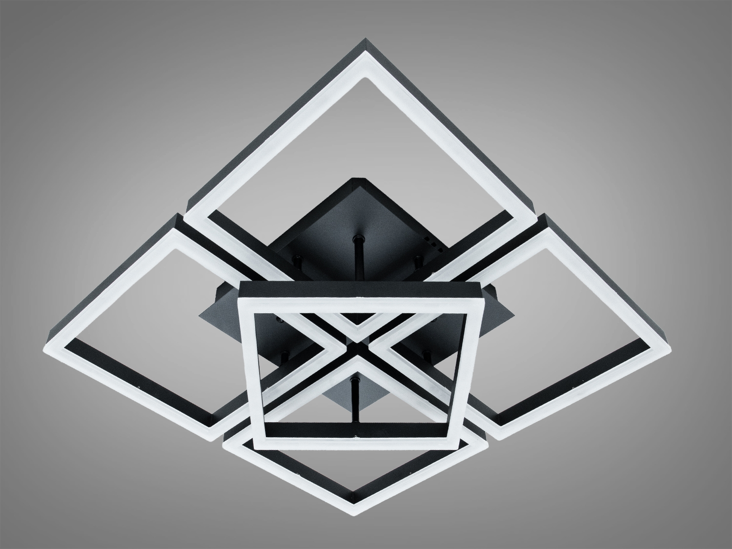 Світильник з об′ємною конструкцією, квадратні елементи, чорний корпус, підходить для великих кімнат, рівномірне освітлення.