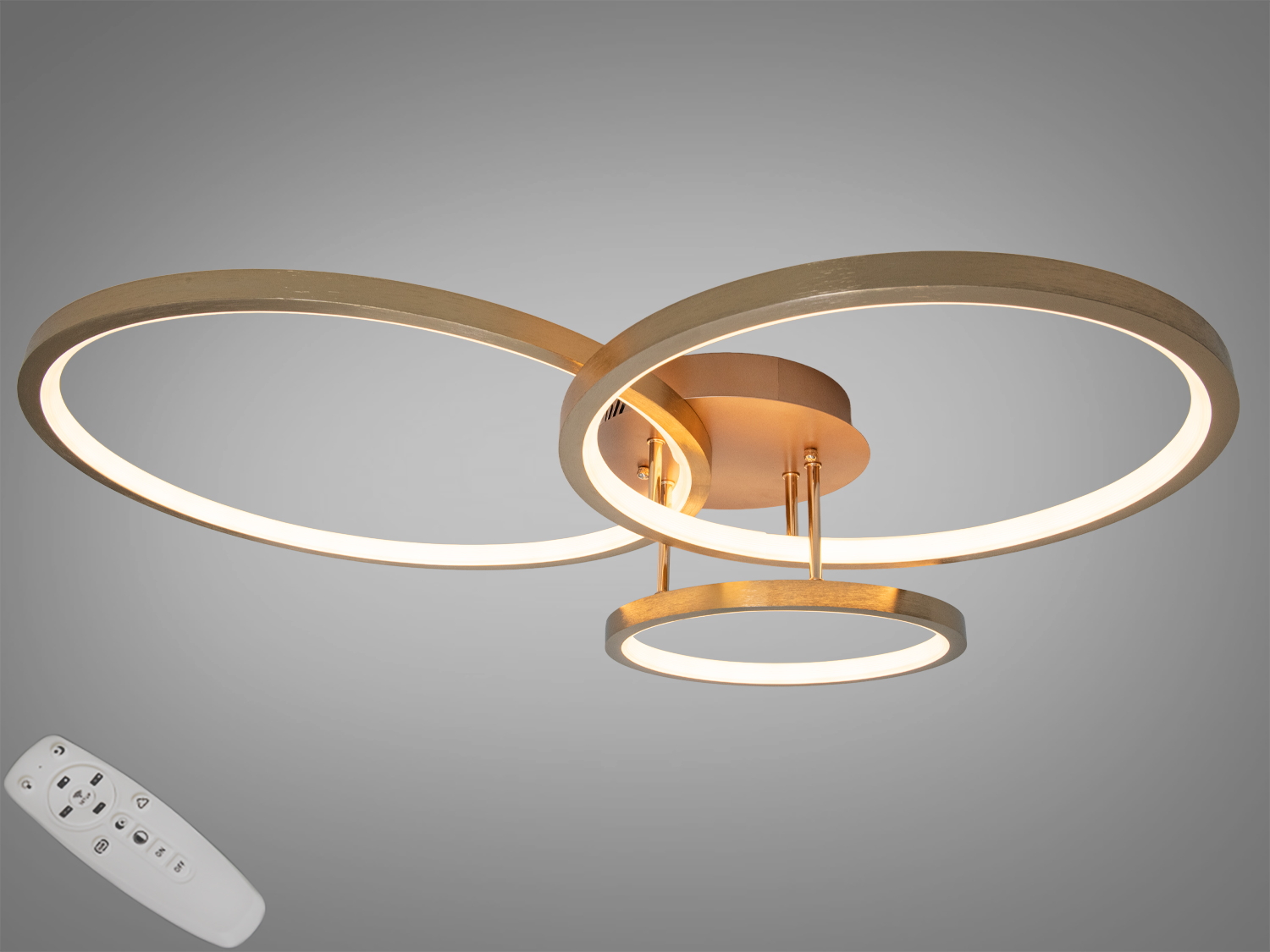 Світлодіодна стельова люстра Diasha: 3 кільця, 85 Вт, золото, пульт для регулювання яскравості. Підходить для кімнат близько 15 м².