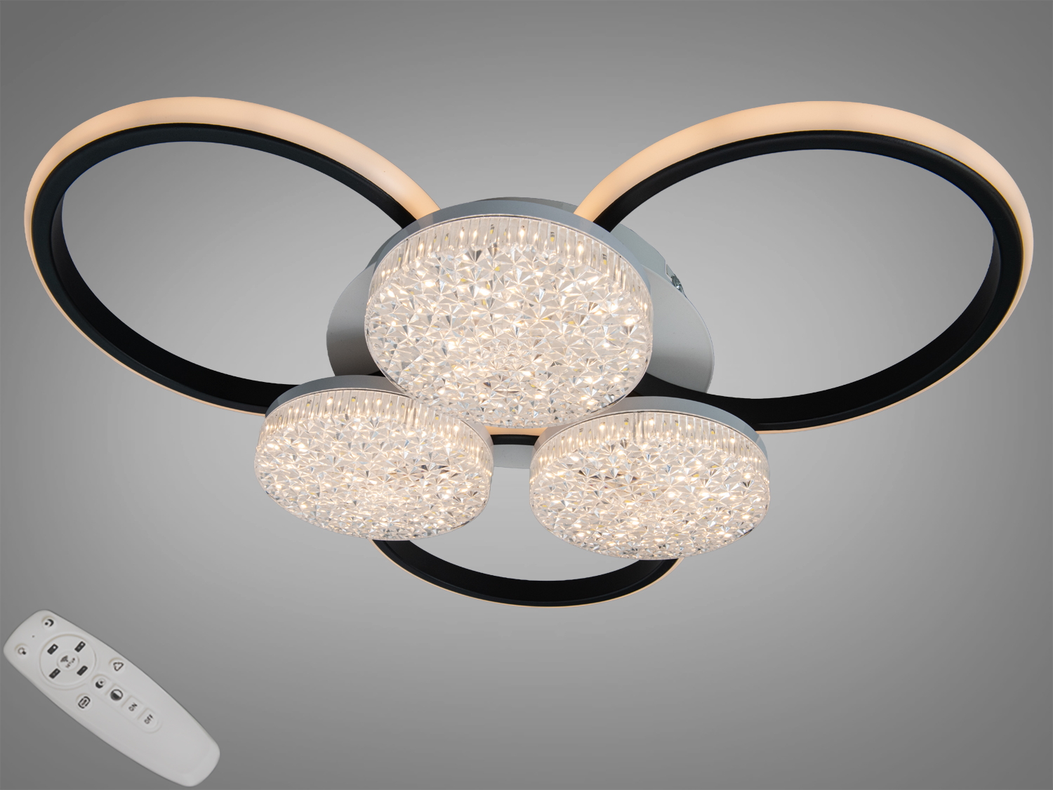 Стельова LED люстра Diasha 82W, 6 модулів 3+3, біло‑чорна. Пульт, димер і триколірна підсвітка основи. Рекомендована для кімнат до близько 14 м².