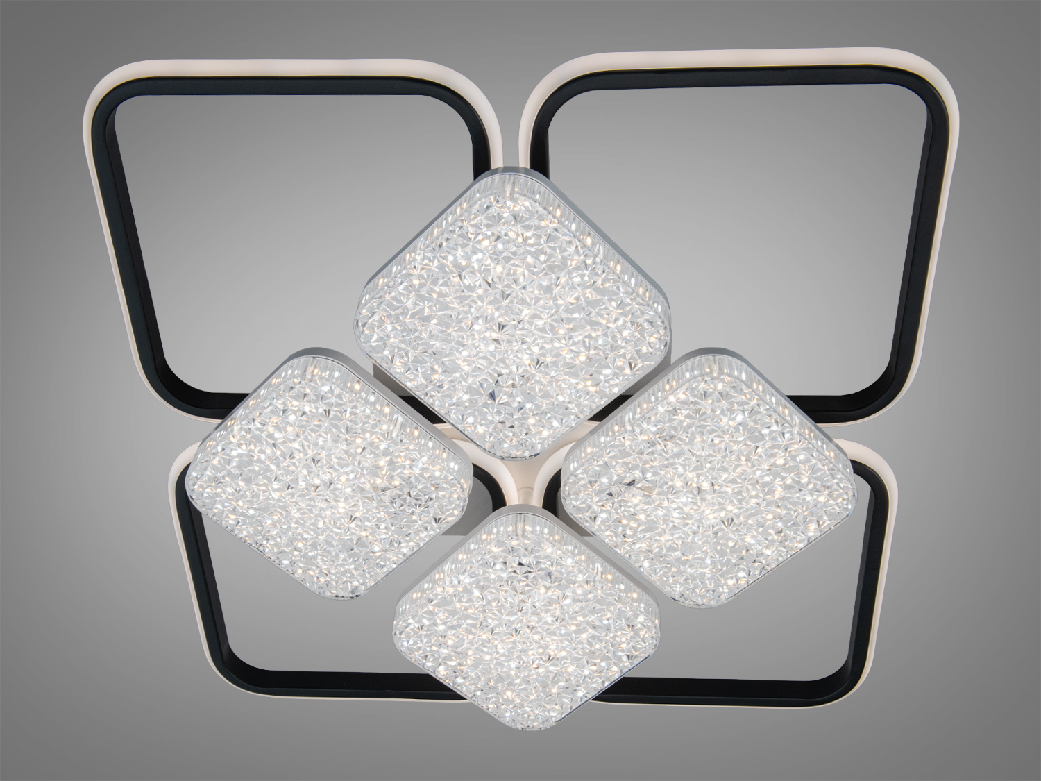 Стельовий LED-світильник з п′ятьма квадратними панелями, інтегрованими в чорну рамку, для стильного освітлення.