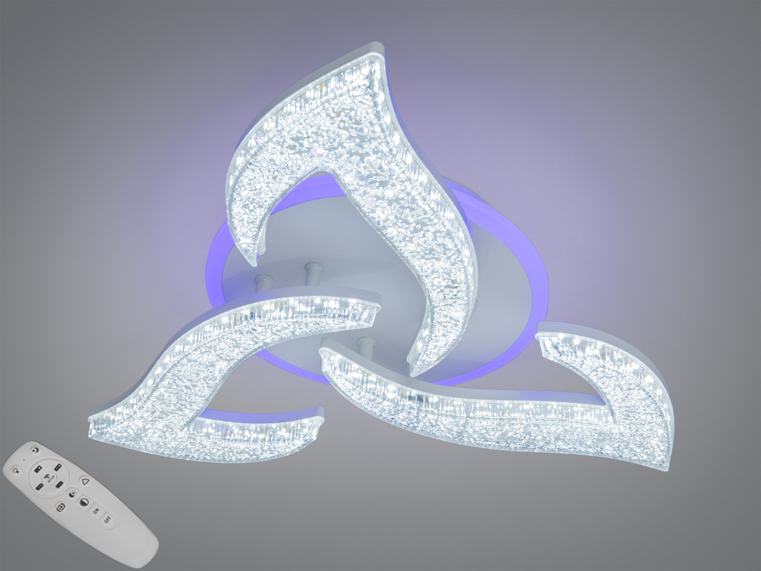 Стельова LED люстра Diasha, біла, 50W. Пульт, димер, 3 кольори світла 3200/4100/6500K. Три акрилові елементи, мала висота, для кімнат до ≈ 9 м².