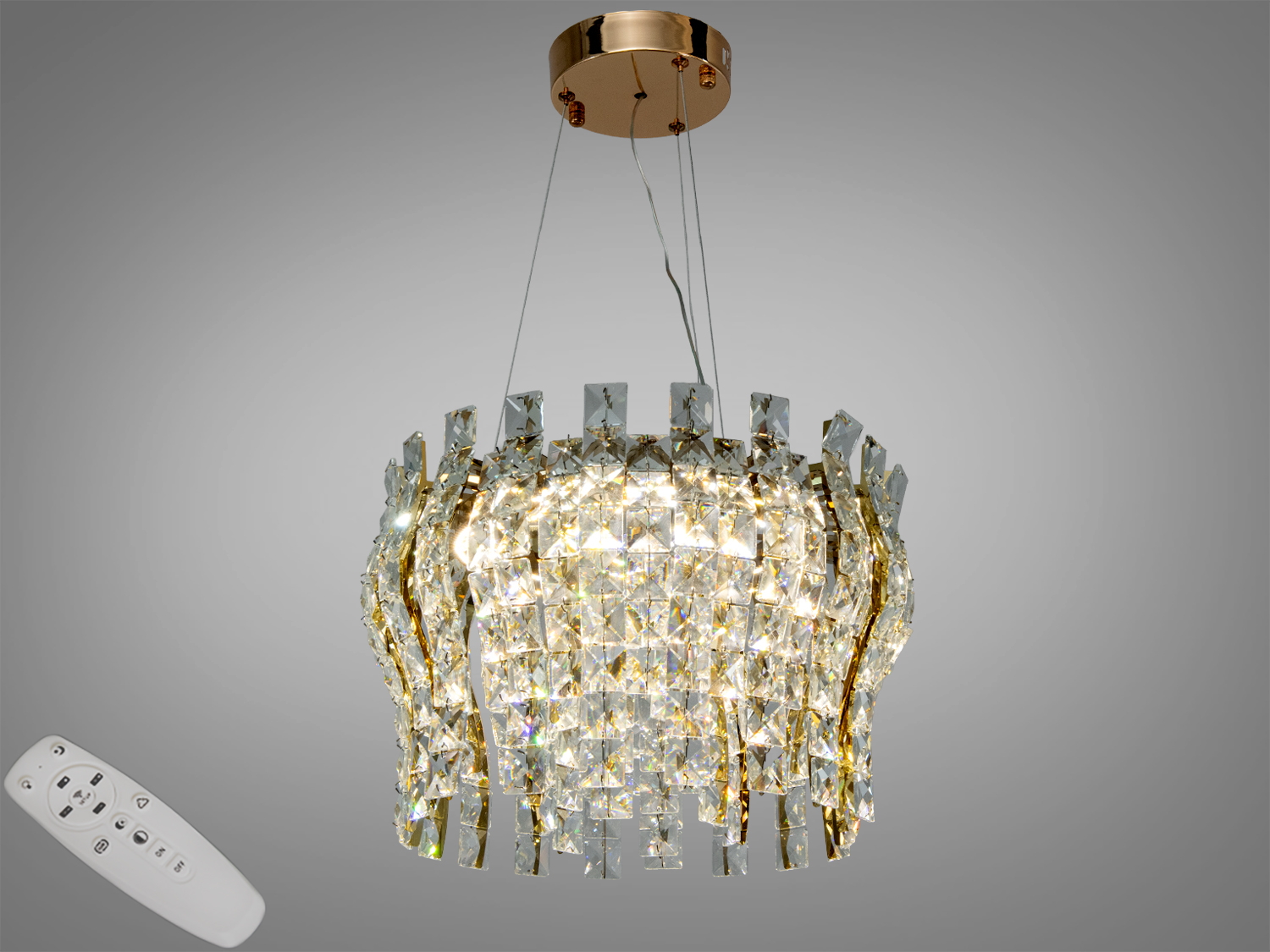 Світлодіодна кришталева підвісна люстра 46 Вт у золоті з пультом. Кругла форма з м’яким сяйвом, рекомендована для кімнат до 8 м².