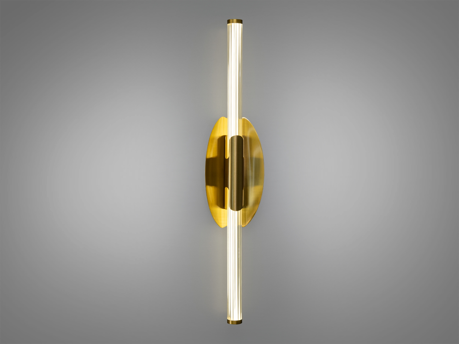 Настінний світильник із прозорими трубками, що містять бульбашки, та золотистою основою. Підходить для сучасного інтер′єру.