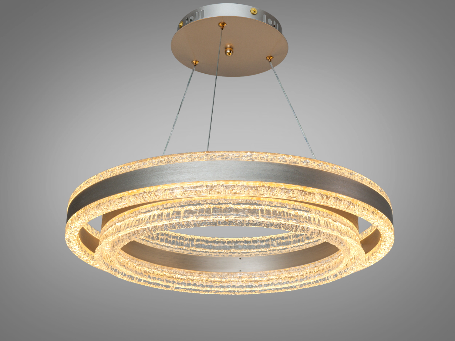 Підвісний світильник з двома акриловими кільцями, виготовленими з металу та акрилу, підходить для сучасного інтер’єру.