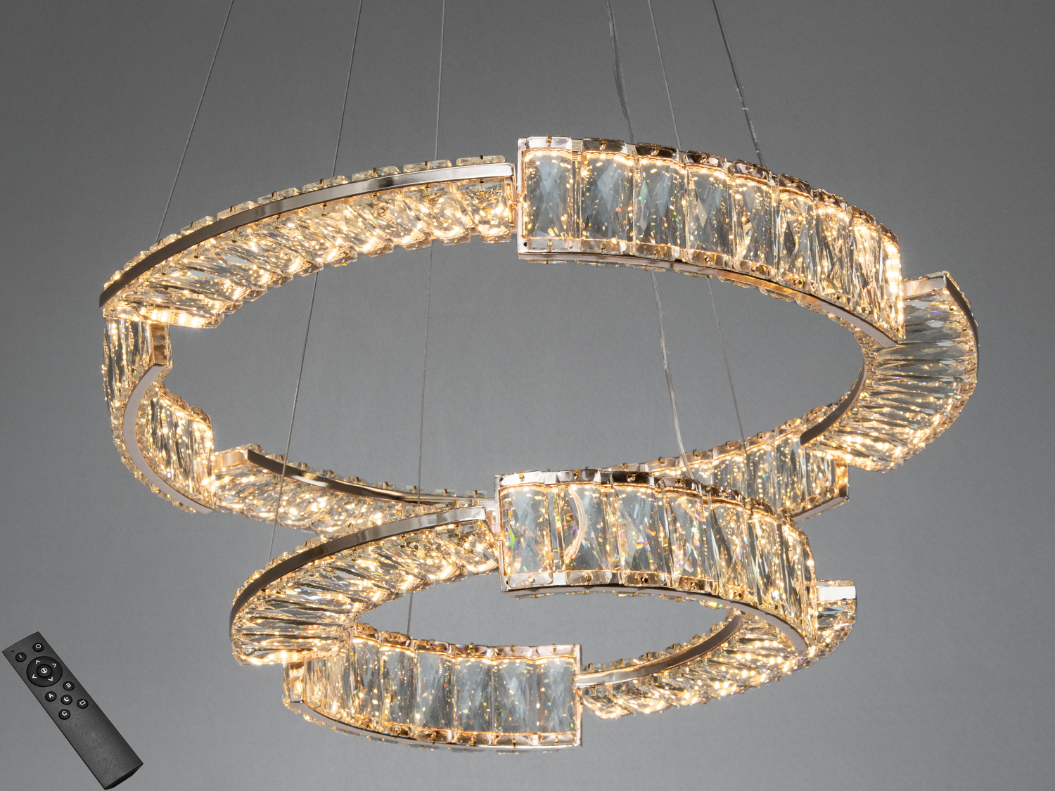 Світлодіодна кришталева люстра Diasha: 2 кільця 60 і 40 см, 126 Вт, золото, яскравість з пульта. Підходить для кімнат до 21 м².