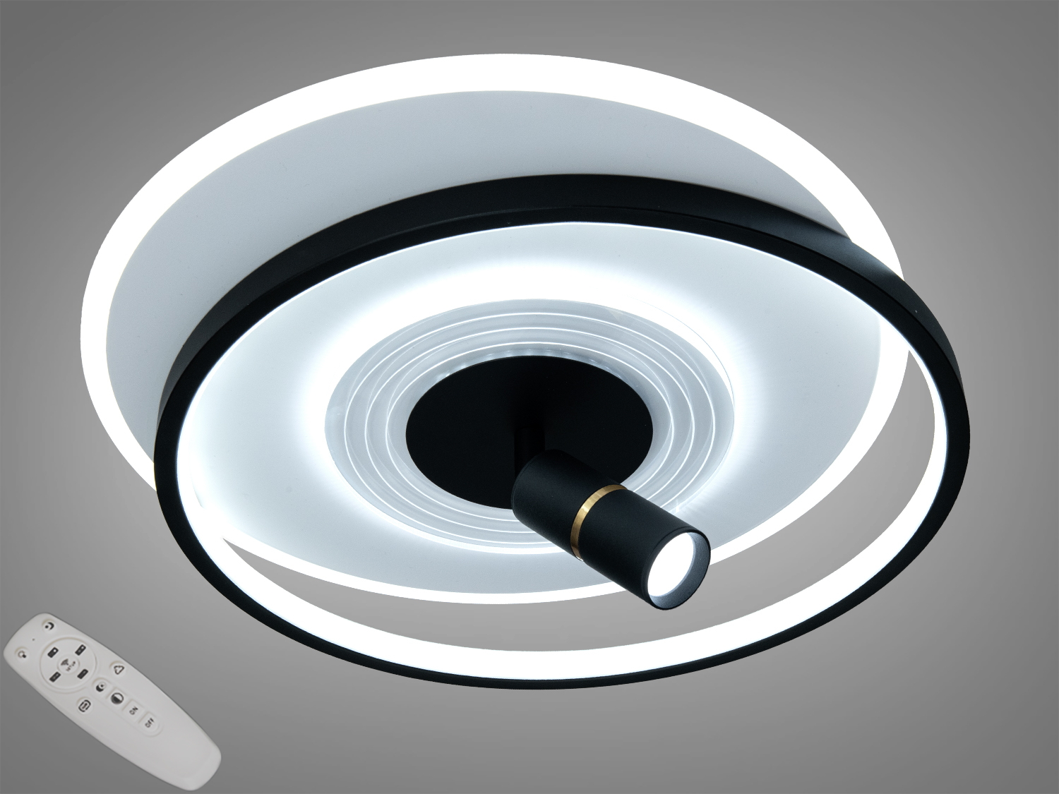 Стельовий світильник з круглим дизайном, біле світло, чорна окантовка, дистанційне керування, підходить для сучасних інтер′єрів.