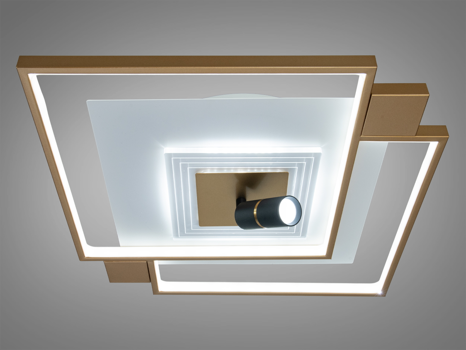 Стельовий світильник із золотистими рамками, оснащений світлодіодами. Ідеальний для монтажу у вітальні.