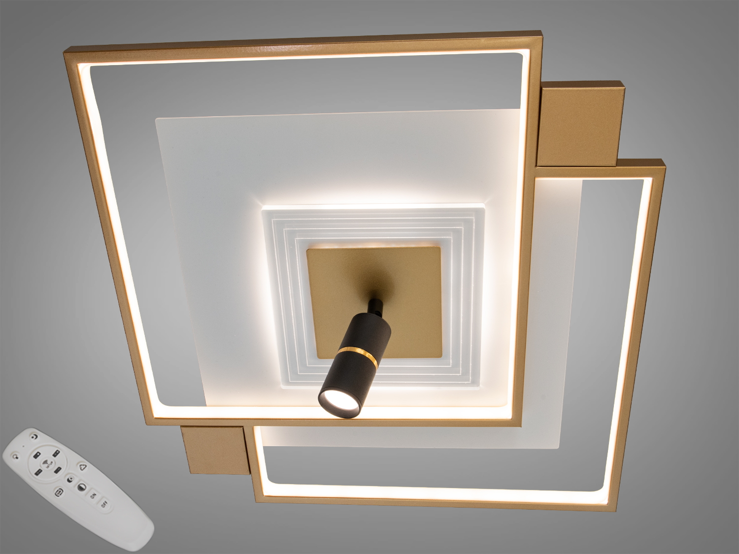 Стельова світлодіодна люстра 70 Вт у кольорі біло-золото з пультом і димером. Підходить для кімнат до 12 м², геометричний дизайн і рівномірне світло.