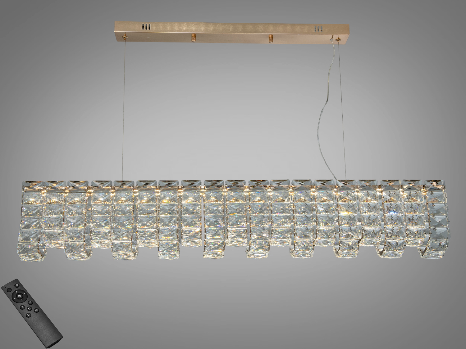 Підвісний світильник з кришталевими елементами, прямокутна форма, дистанційне керування, підходить для сучасного інтер′єру.