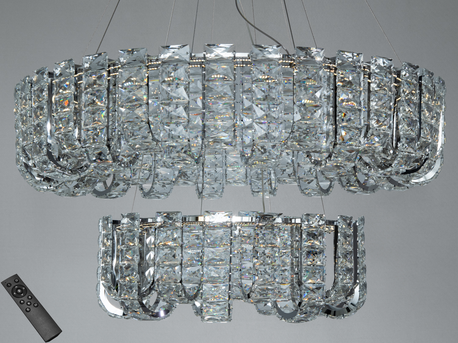 Кришталева люстра з дистанційним керуванням, підвісна конструкція з двома рівнями, підходить для сучасних інтер′єрів.
