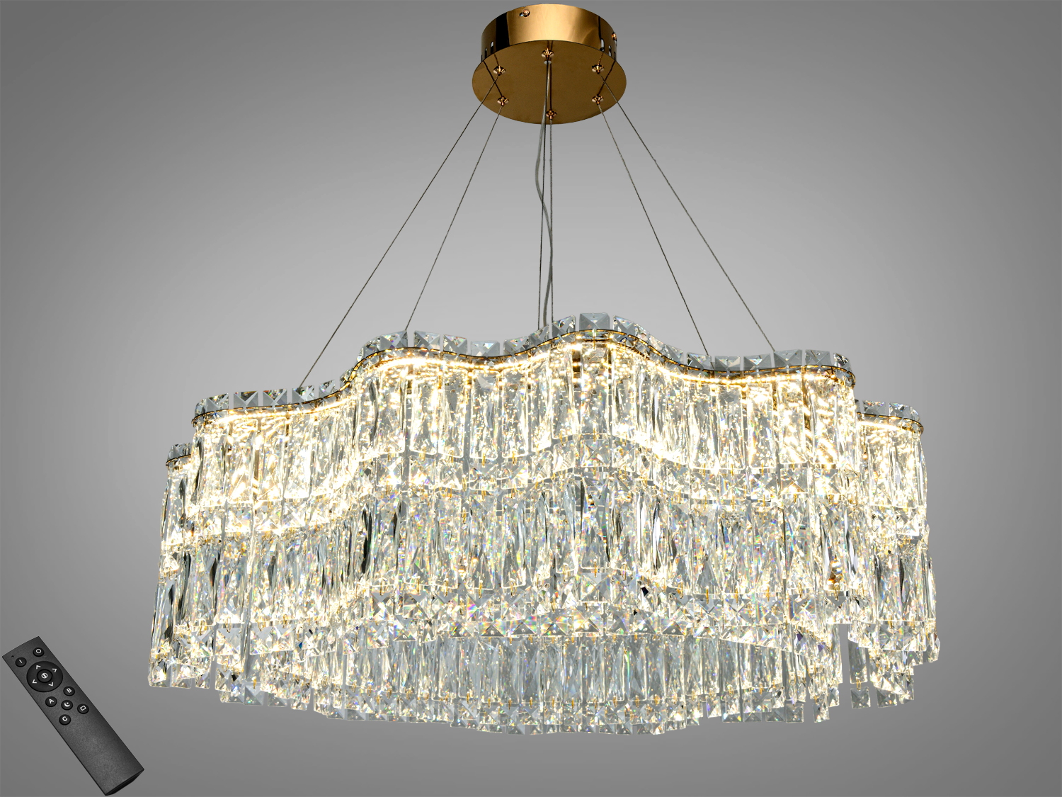 Підвісна люстра з кришталевими підвісками, хвилястий дизайн, дистанційне керування, тепле світло, підходить для вітальні.