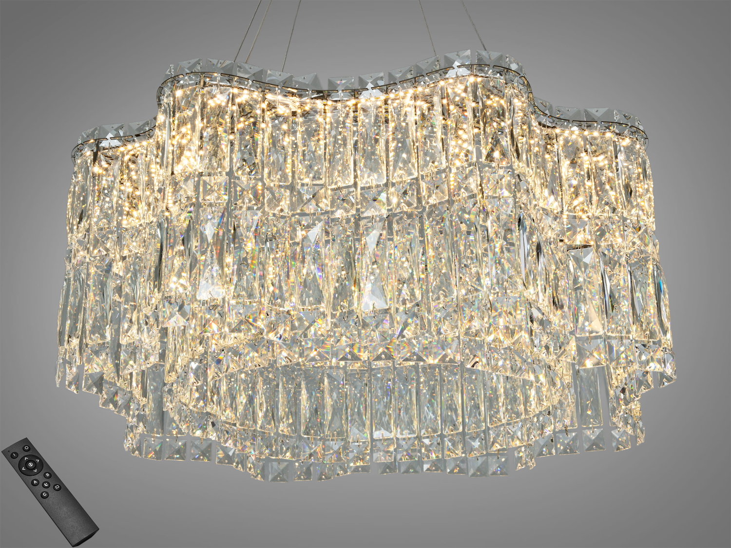 Підвісна кришталева LED люстра, хром, 85 Вт, 4675 лм. Три режими 3200/4100/6500К, керування пультом і вимикачем, регульована висота. До 15 м². Каскадний дизайн, метал і кришталь. Є варіант у золоті.