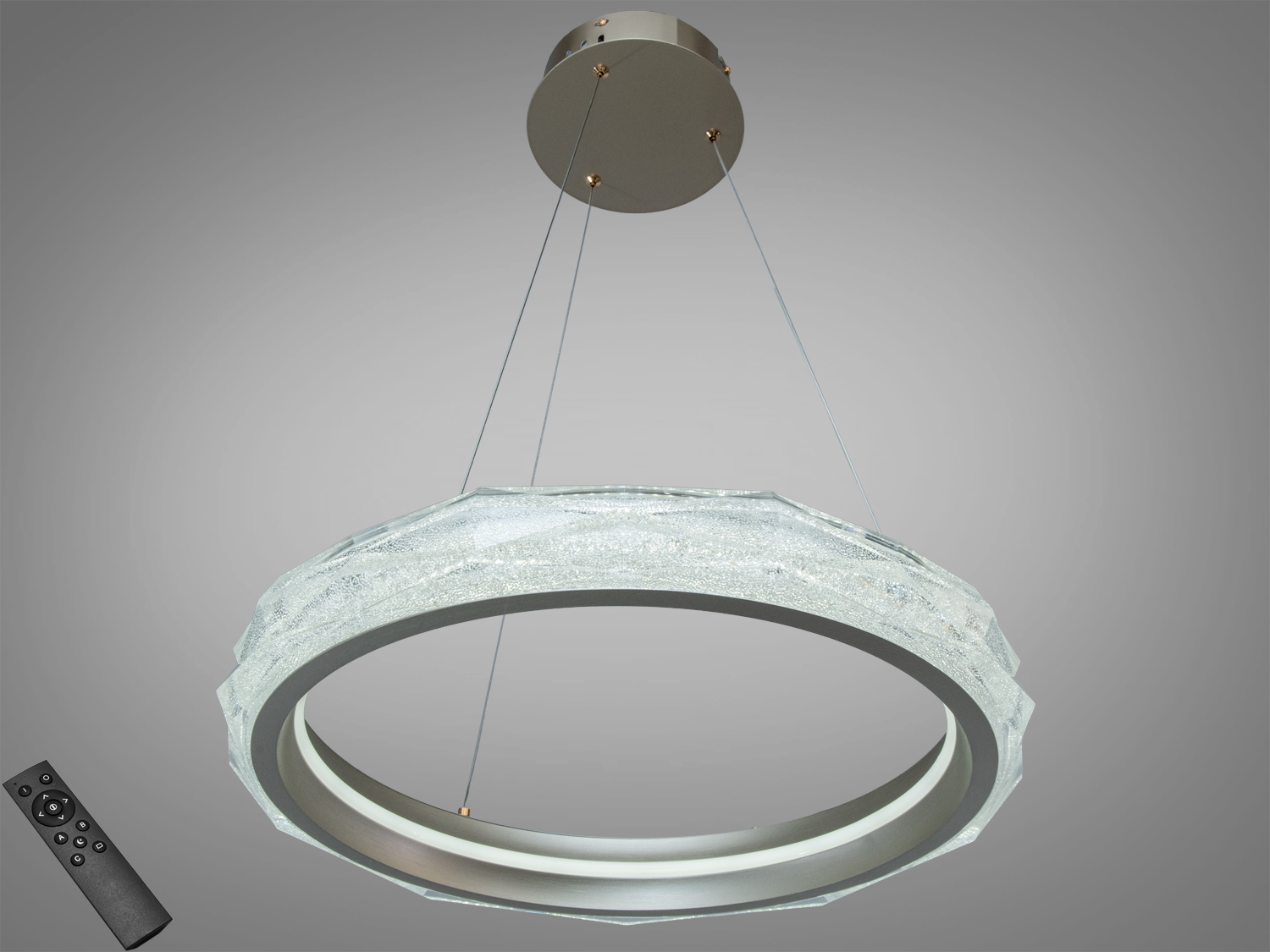 Підвісна LED-люстра Diasha, 84 Вт, золото, з пультом. Кругла форма, акриловий розсіювач, металевий корпус. Освітлення приміщень до 14 м².